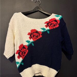 Worthington Blue and Cream Sweater with roses